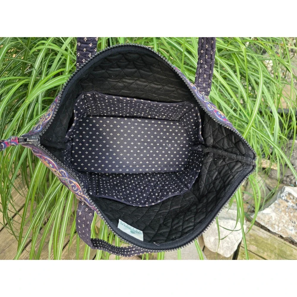 Vera Bradley Provencal Quilted Cotton Zip Top Tote Bag Navy Paisley Shoulder Bag